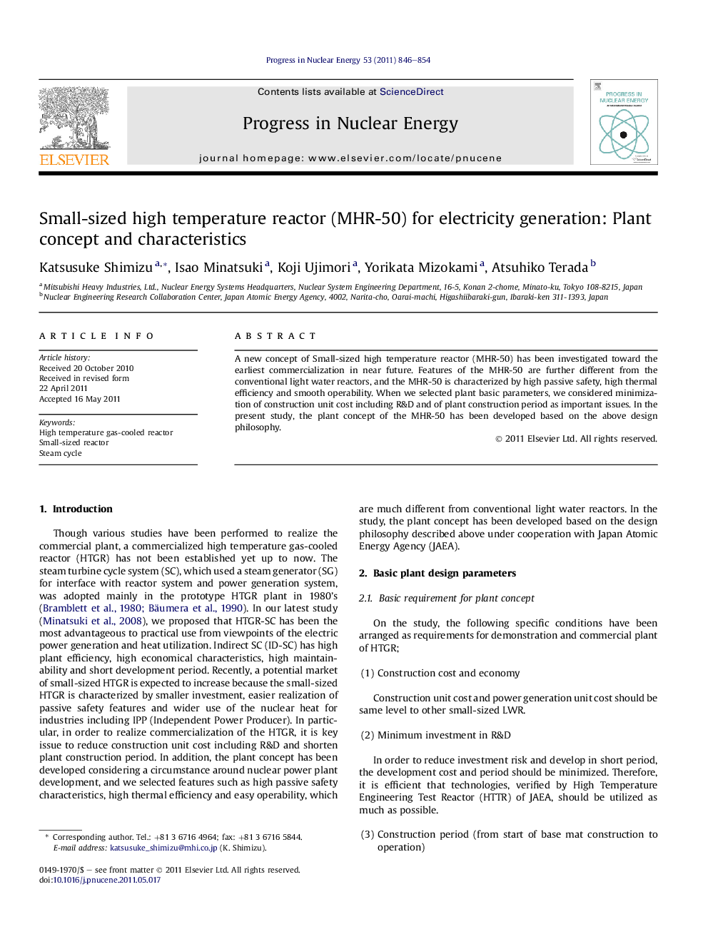 Small-sized high temperature reactor (MHR-50) for electricity generation: Plant concept and characteristics