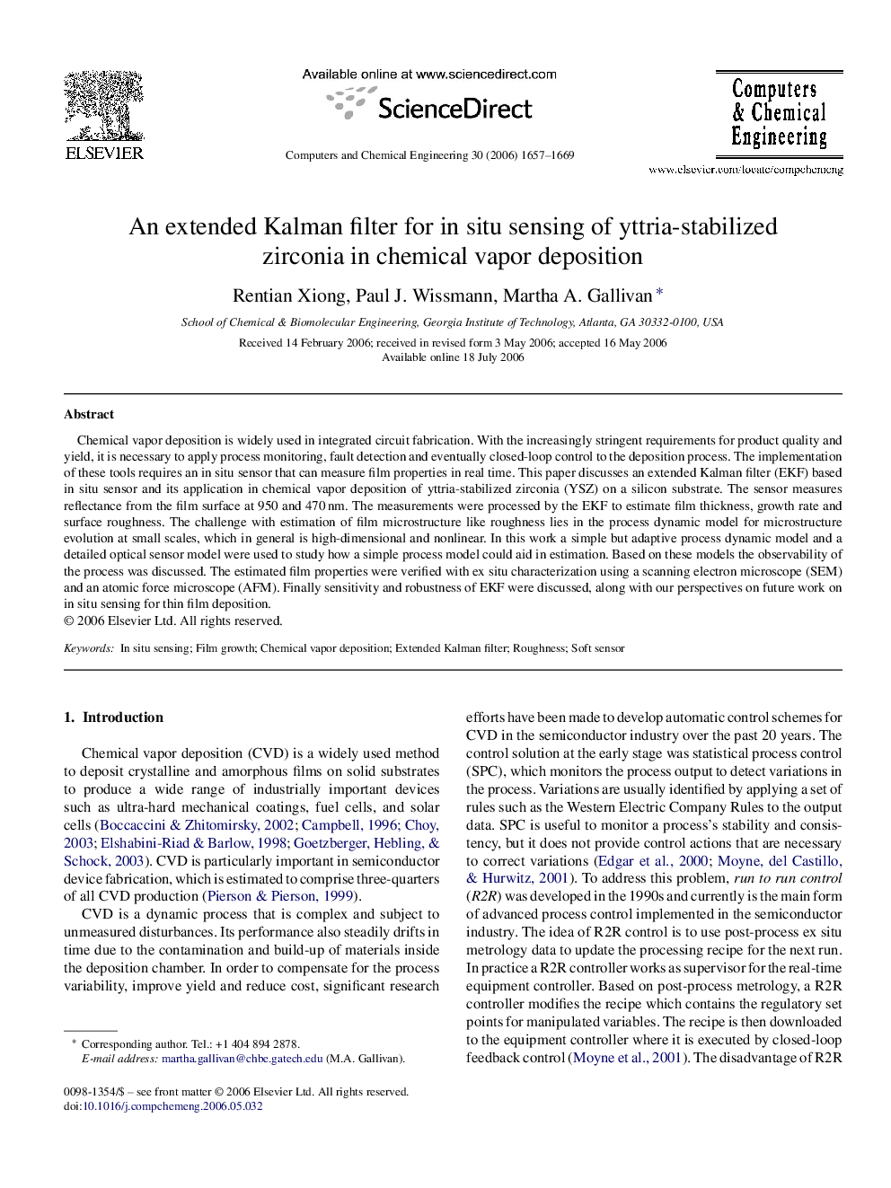 An extended Kalman filter for in situ sensing of yttria-stabilized zirconia in chemical vapor deposition