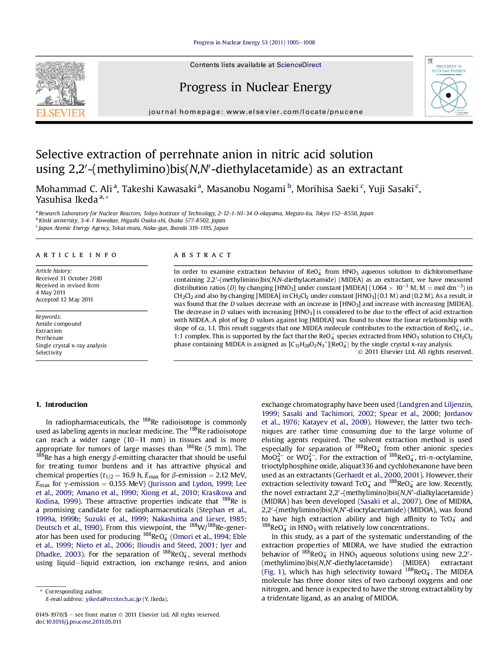 Selective extraction of perrehnate anion in nitric acid solution using 2,2′-(methylimino)bis(N,N′-diethylacetamide) as an extractant