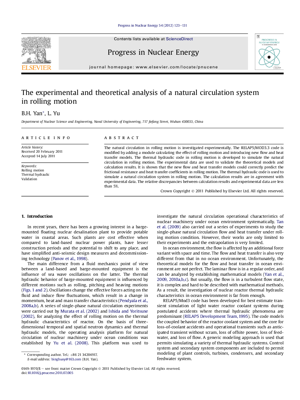 The experimental and theoretical analysis of a natural circulation system in rolling motion