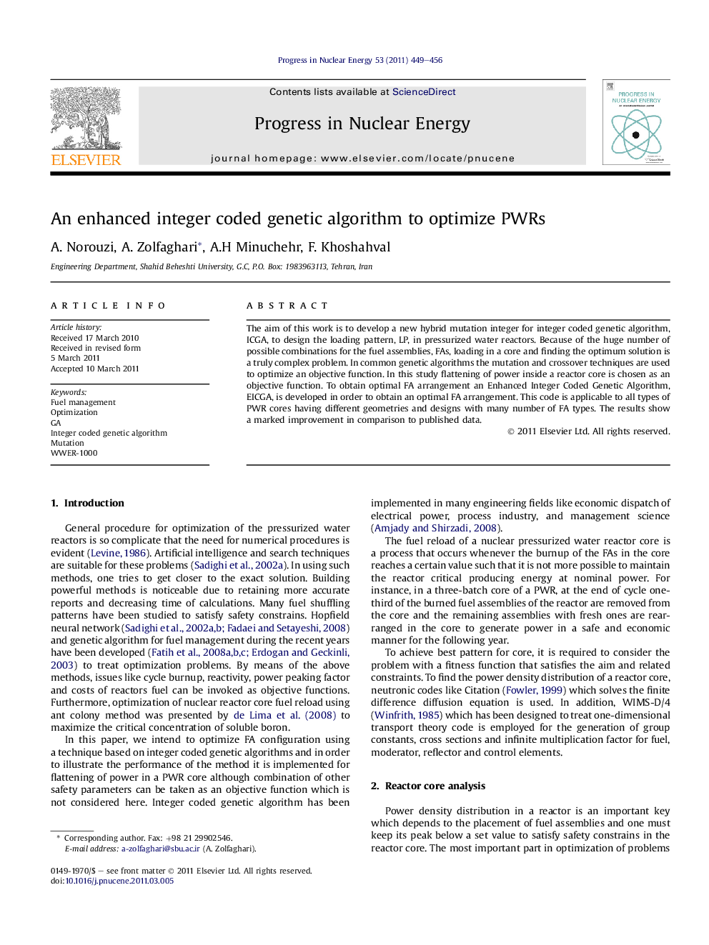 An enhanced integer coded genetic algorithm to optimize PWRs