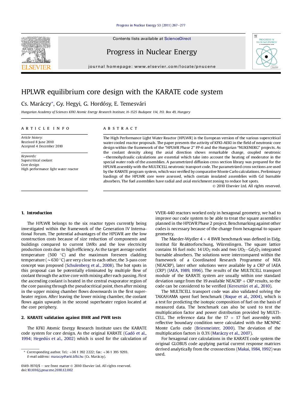 HPLWR equilibrium core design with the KARATE code system