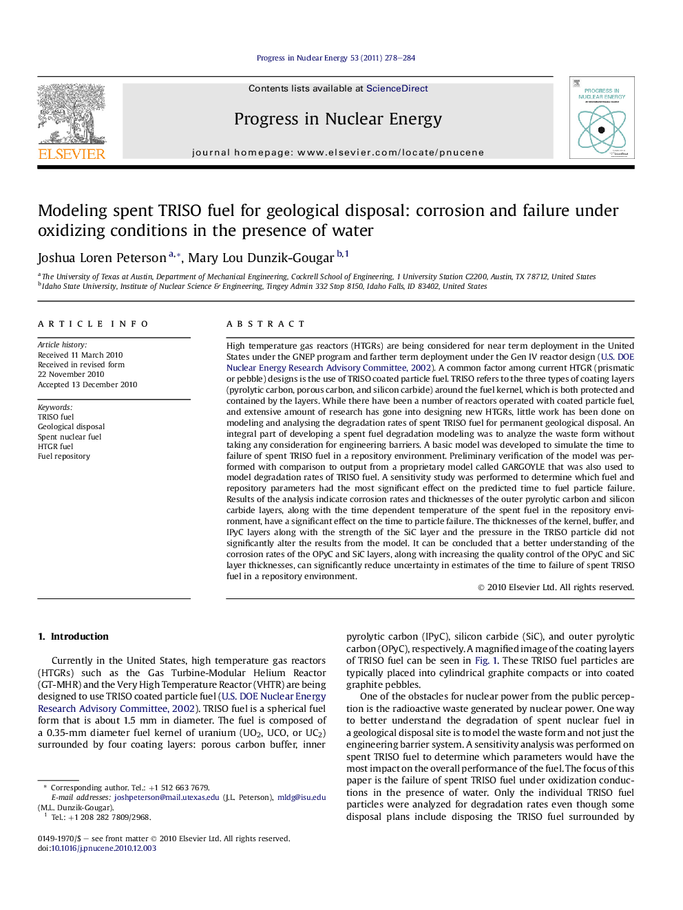 عکس صفحه اول مقاله: Modeling spent TRISO fuel for geological disposal: corrosion and failure under oxidizing conditions in the presence of water Modeling spent TRISO fuel for geological disposal: corrosion and failure under oxidizing conditions in the presence of water