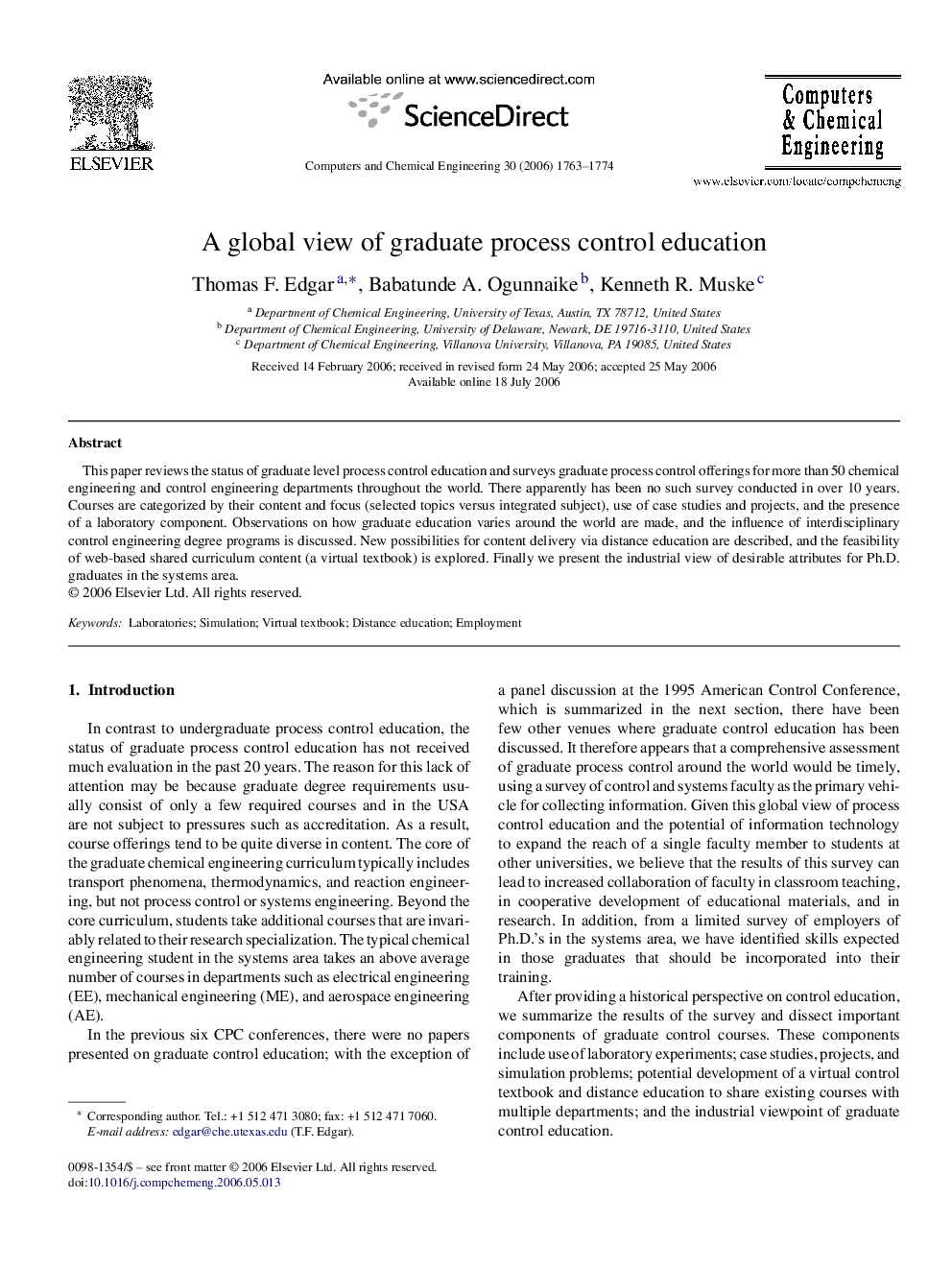 A global view of graduate process control education