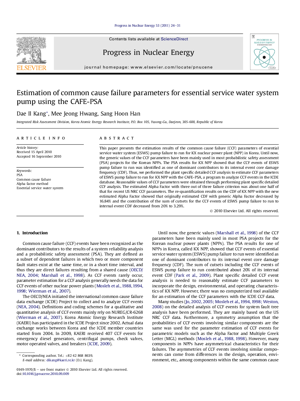 Estimation of common cause failure parameters for essential service water system pump using the CAFE-PSA