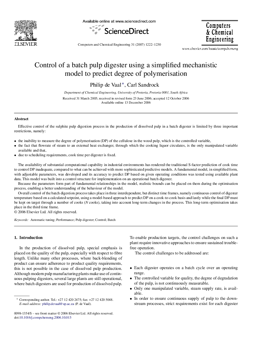 Control of a batch pulp digester using a simplified mechanistic model to predict degree of polymerisation