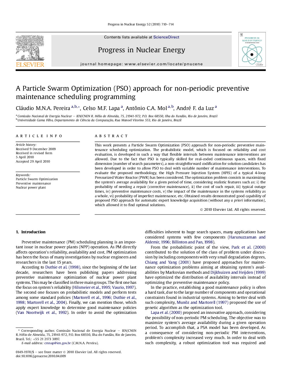 A Particle Swarm Optimization (PSO) approach for non-periodic preventive maintenance scheduling programming