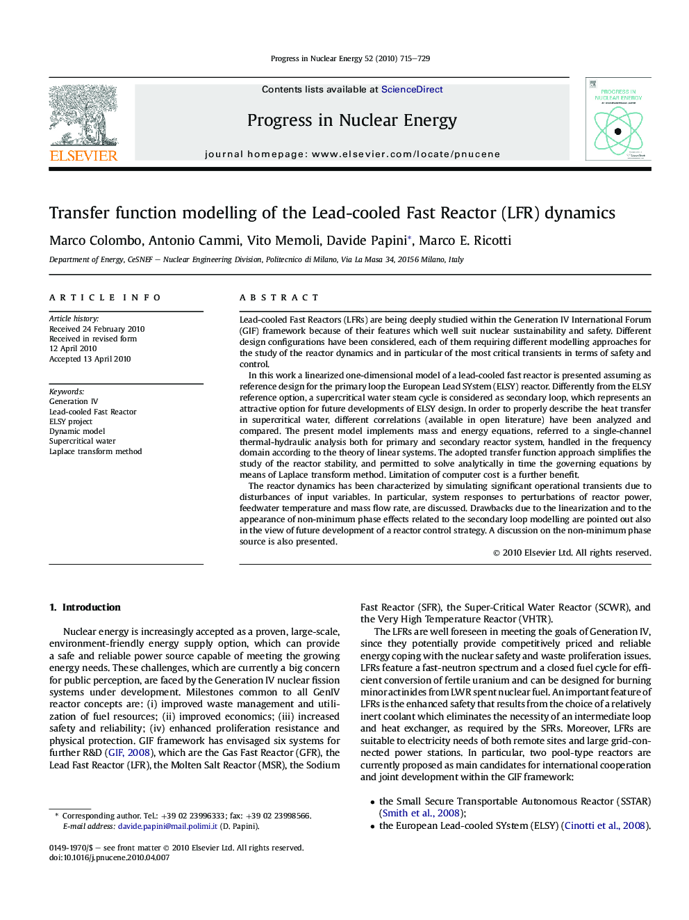 Transfer function modelling of the Lead-cooled Fast Reactor (LFR) dynamics