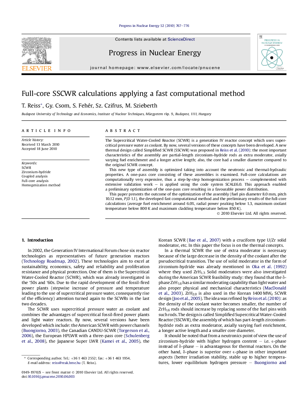 Full-core SSCWR calculations applying a fast computational method