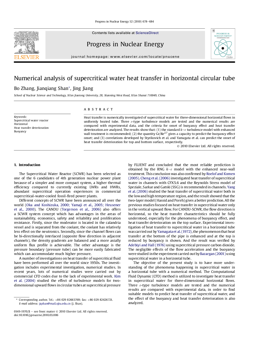 Numerical analysis of supercritical water heat transfer in horizontal circular tube