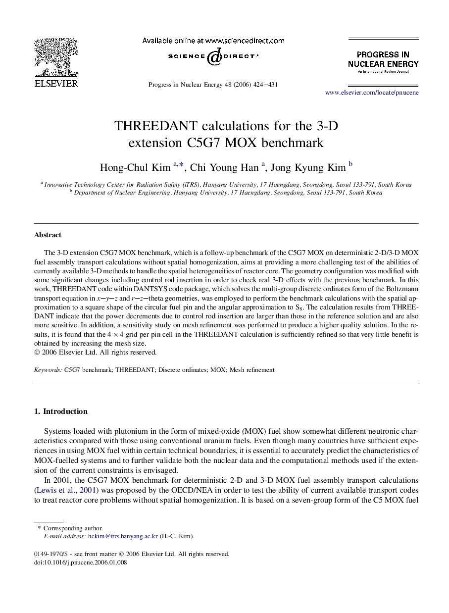 THREEDANT calculations for the 3-D extension C5G7 MOX benchmark