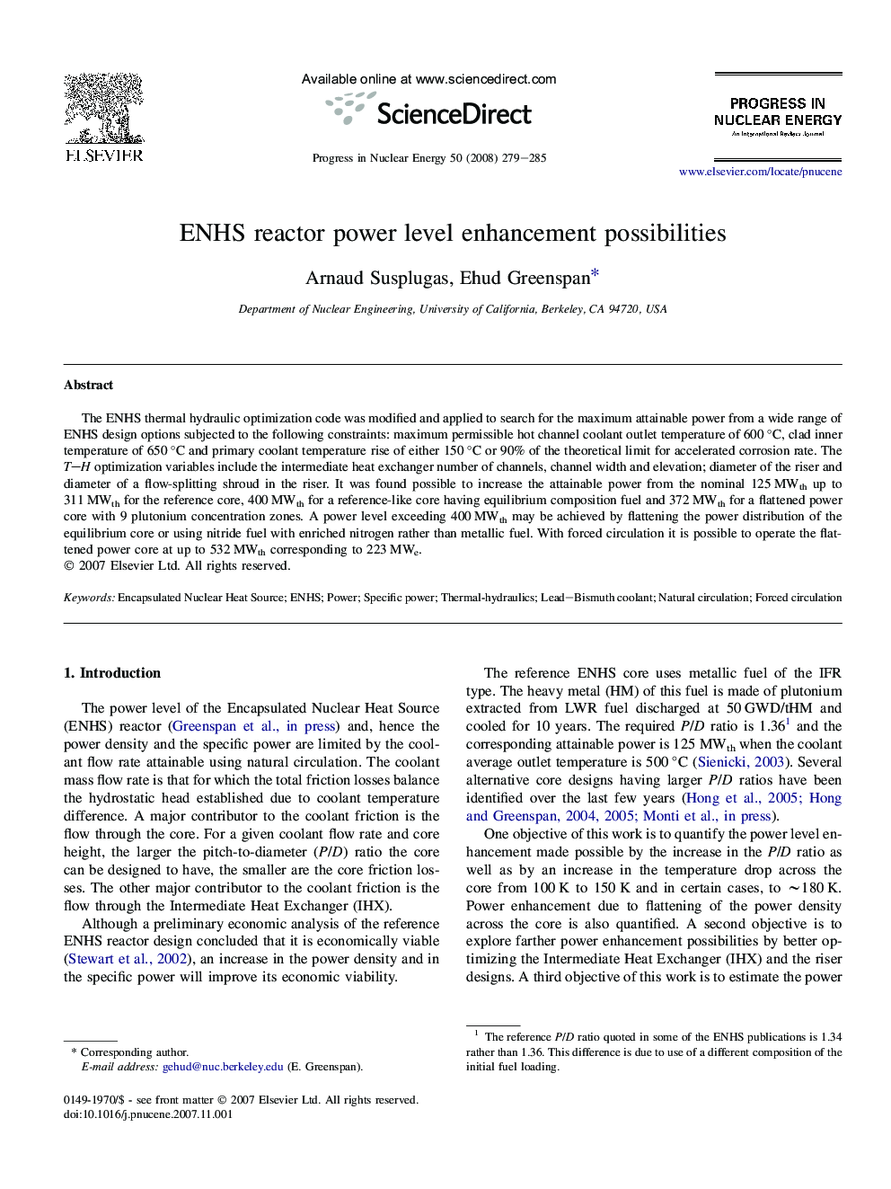 ENHS reactor power level enhancement possibilities