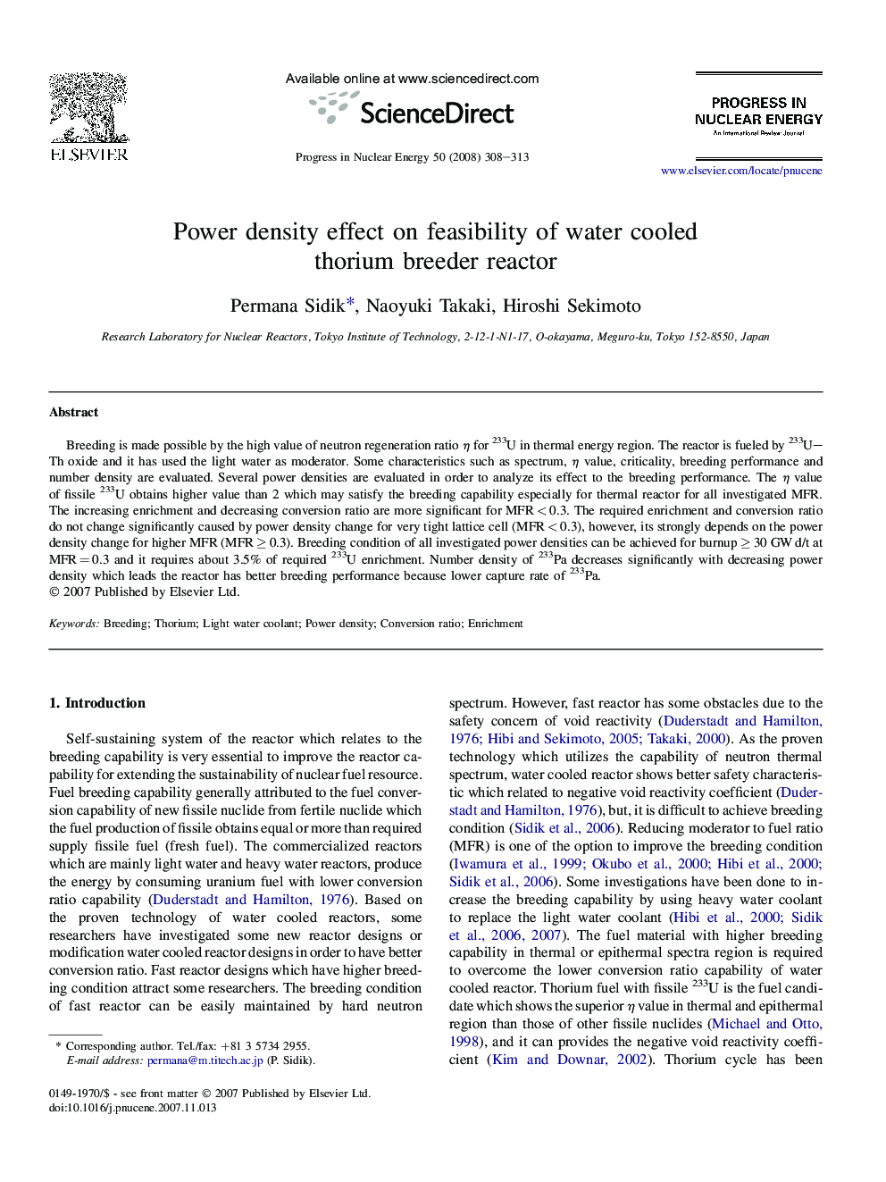 Power density effect on feasibility of water cooled thorium breeder reactor