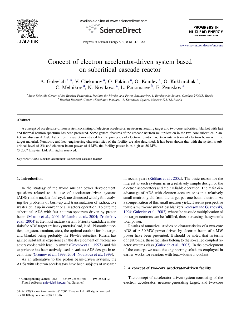 Concept of electron accelerator-driven system based on subcritical cascade reactor