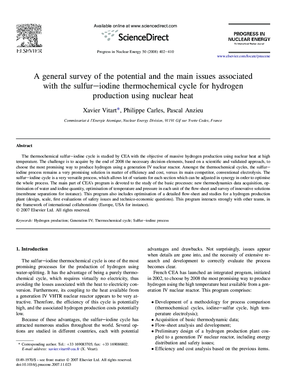 A general survey of the potential and the main issues associated with the sulfur–iodine thermochemical cycle for hydrogen production using nuclear heat