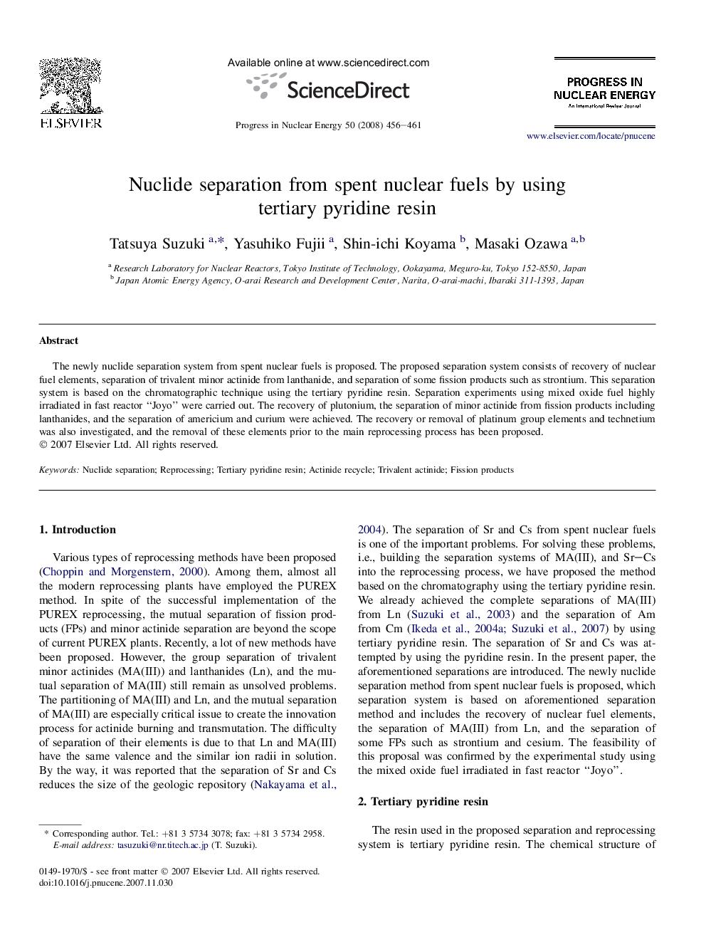 Nuclide separation from spent nuclear fuels by using tertiary pyridine resin