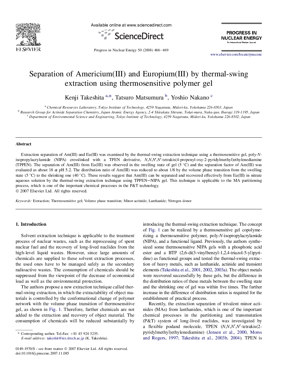 Separation of Americium(III) and Europium(III) by thermal-swing extraction using thermosensitive polymer gel