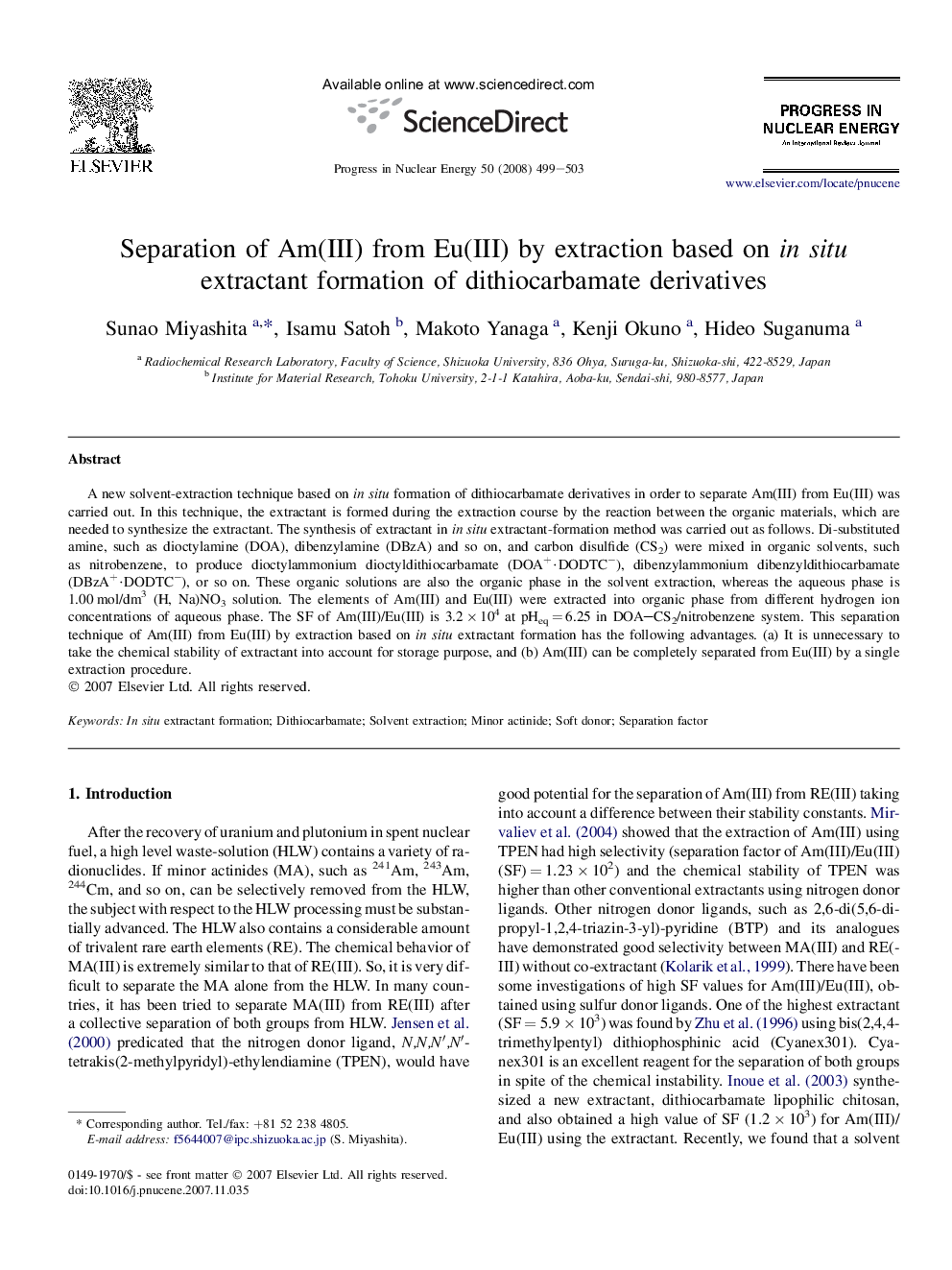 Separation of Am(III) from Eu(III) by extraction based on in situ extractant formation of dithiocarbamate derivatives