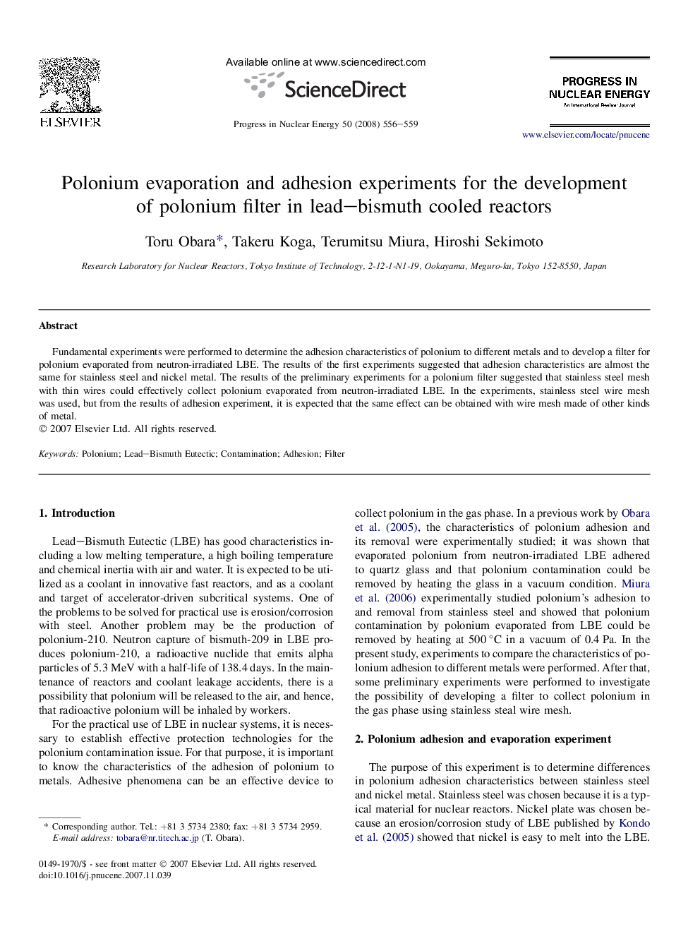 Polonium evaporation and adhesion experiments for the development of polonium filter in lead–bismuth cooled reactors