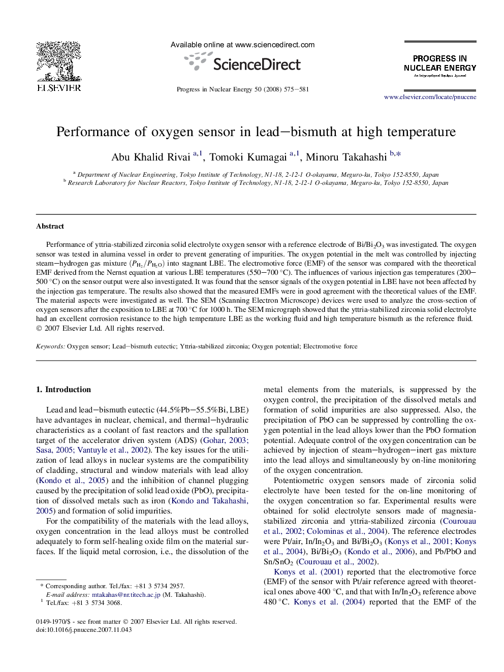 Performance of oxygen sensor in lead–bismuth at high temperature