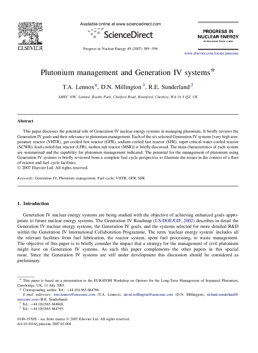 Plutonium management and Generation IV systems 