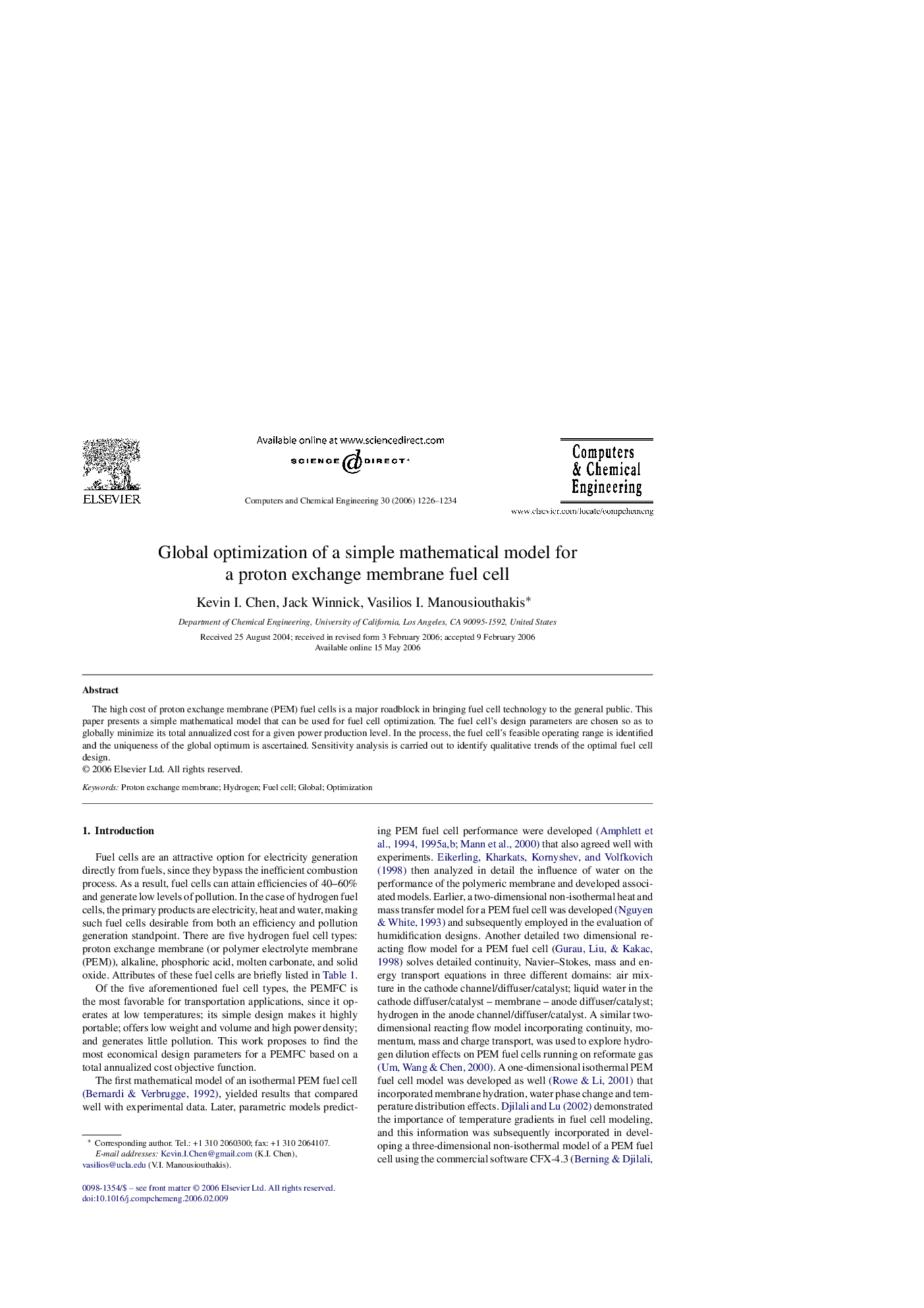 Global optimization of a simple mathematical model for a proton exchange membrane fuel cell