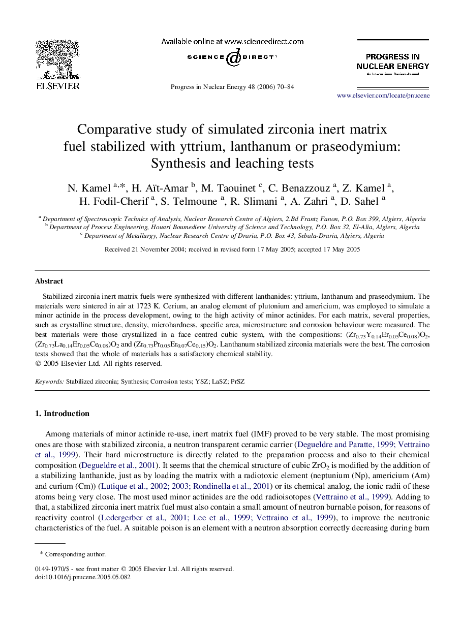 Comparative study of simulated zirconia inert matrix fuel stabilized with yttrium, lanthanum or praseodymium: Synthesis and leaching tests