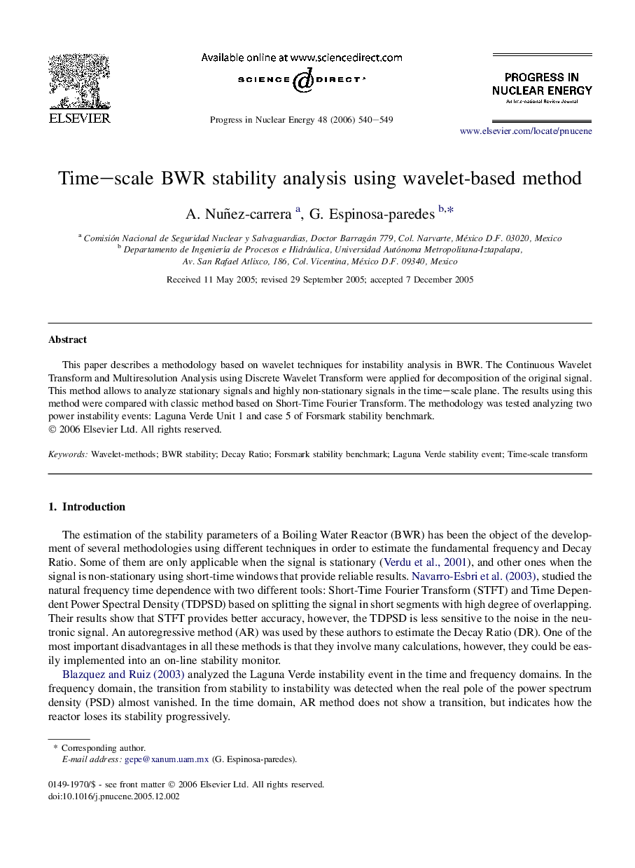 Time–scale BWR stability analysis using wavelet-based method