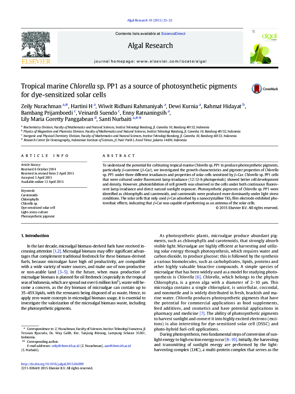 Tropical marine Chlorella sp. PP1 as a source of photosynthetic pigments for dye-sensitized solar cells