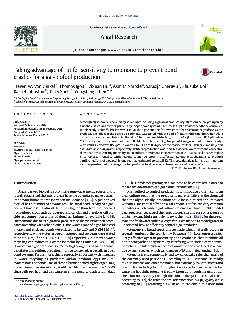 Taking advantage of rotifer sensitivity to rotenone to prevent pond crashes for algal-biofuel production