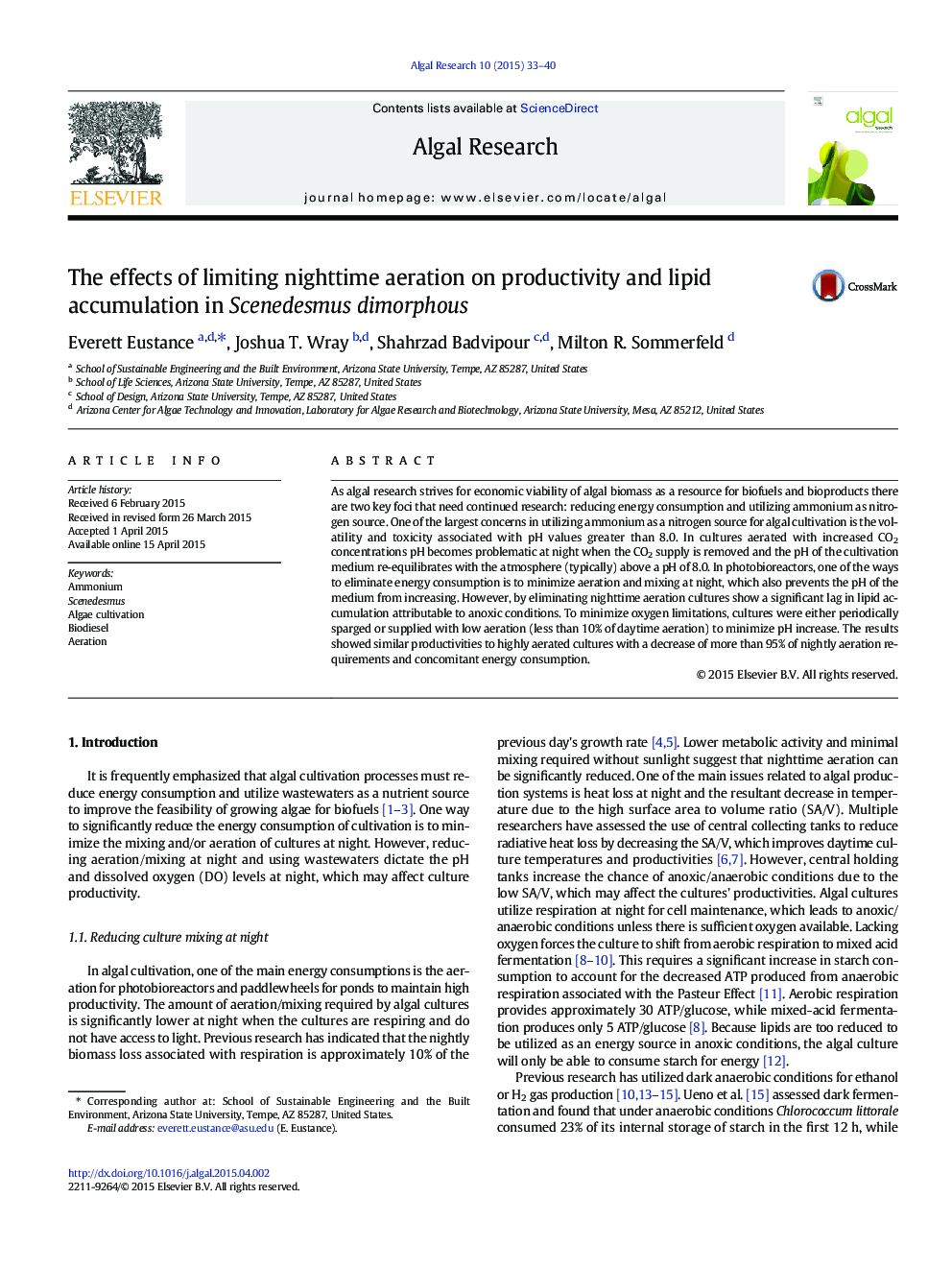 The effects of limiting nighttime aeration on productivity and lipid accumulation in Scenedesmus dimorphous