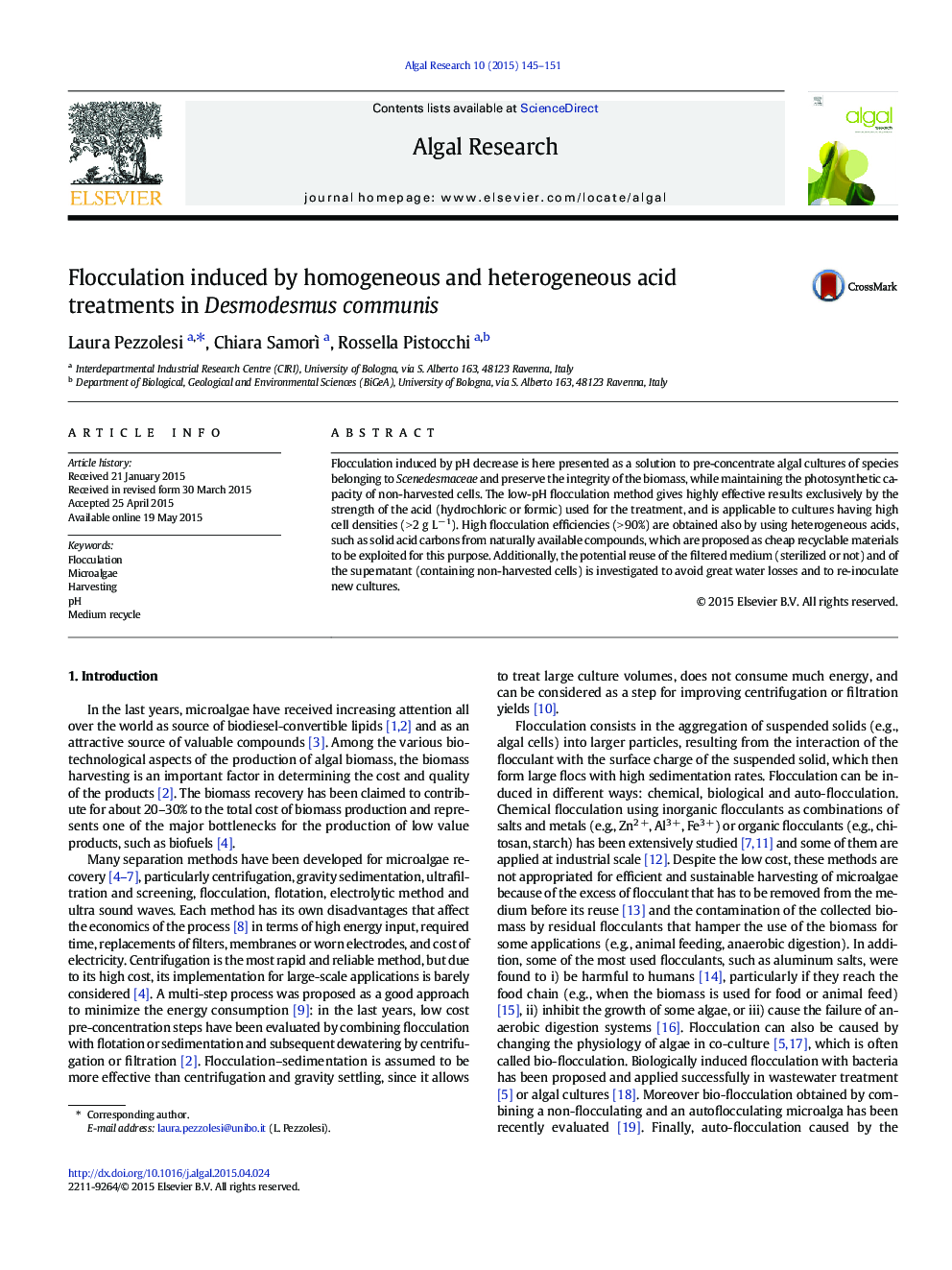 Flocculation induced by homogeneous and heterogeneous acid treatments in Desmodesmus communis