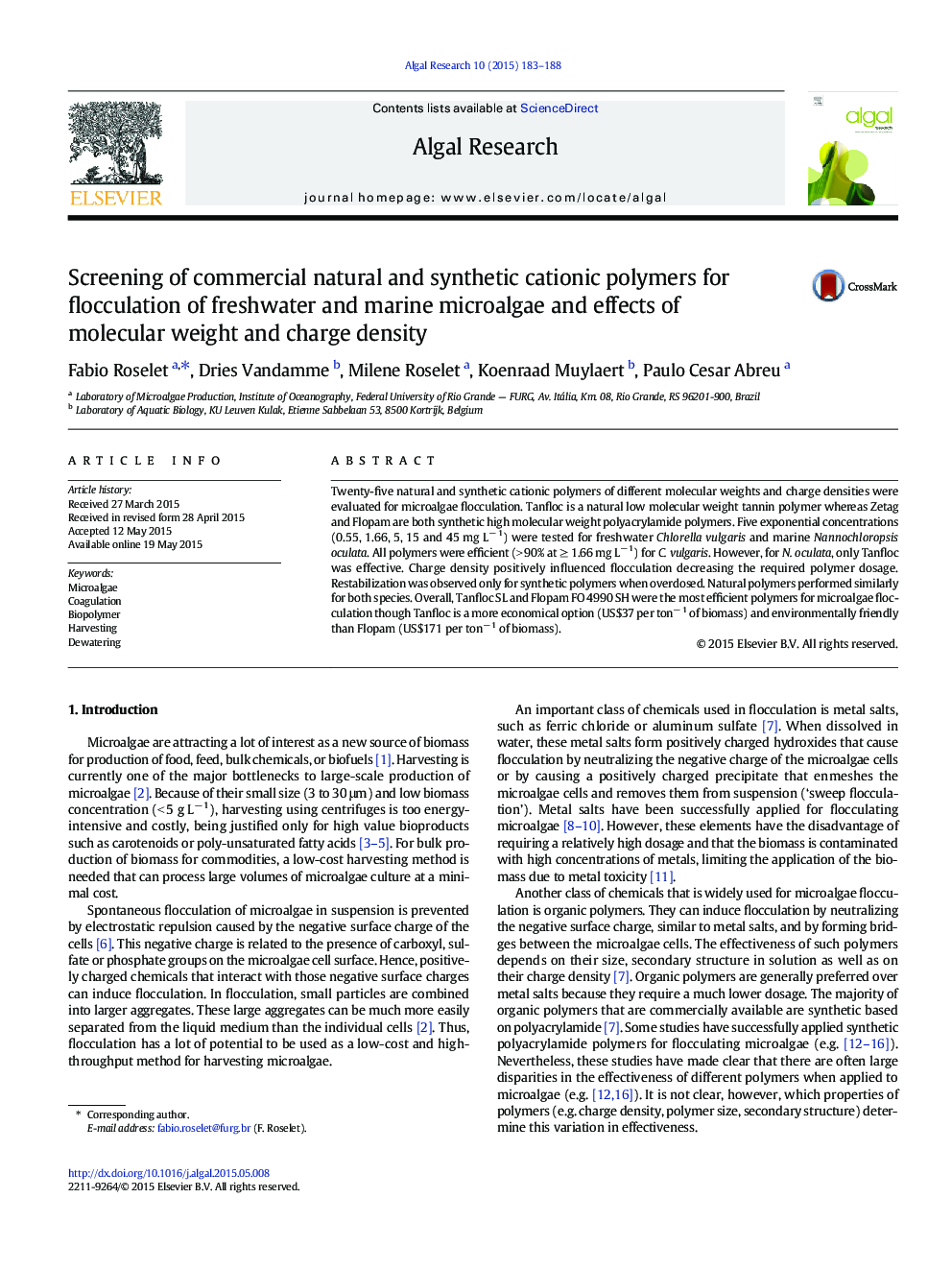 Screening of commercial natural and synthetic cationic polymers for flocculation of freshwater and marine microalgae and effects of molecular weight and charge density