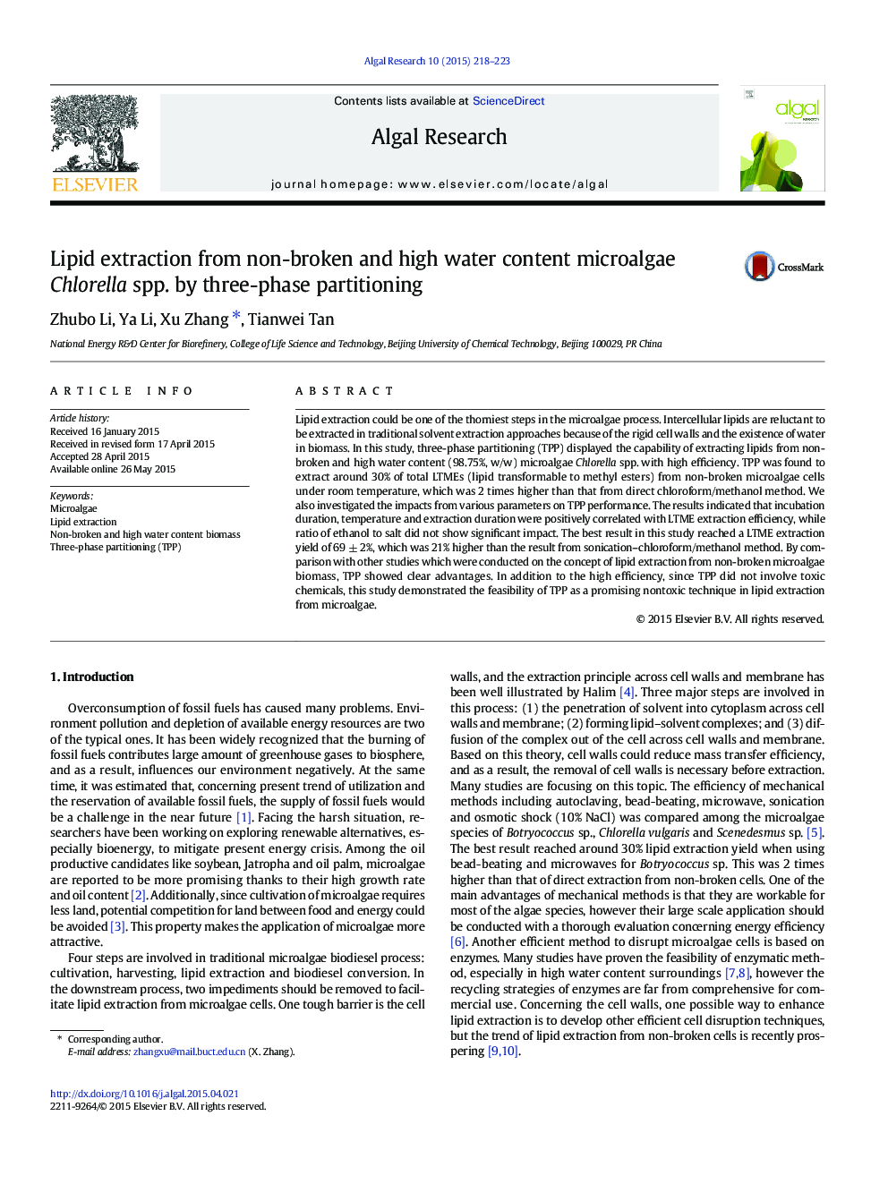 Lipid extraction from non-broken and high water content microalgae Chlorella spp. by three-phase partitioning