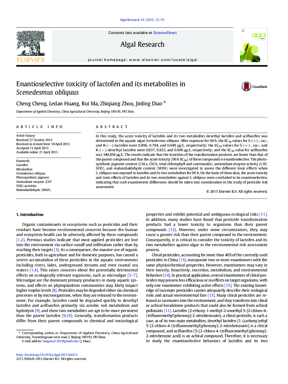 Enantioselective toxicity of lactofen and its metabolites in Scenedesmus obliquus