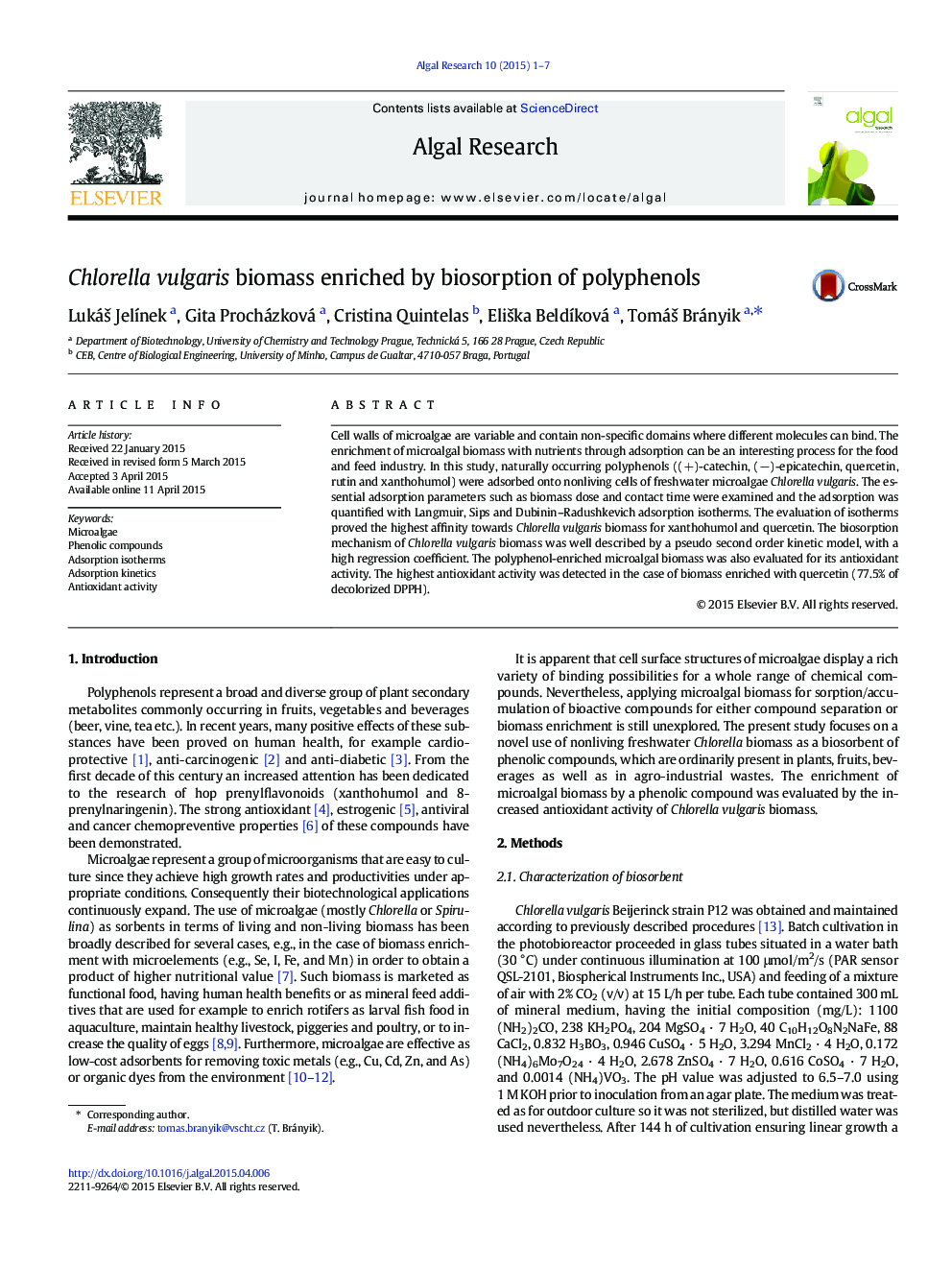 Chlorella vulgaris biomass enriched by biosorption of polyphenols