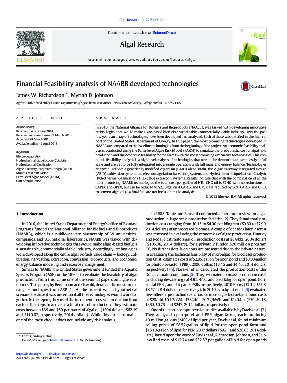 Financial Feasibility analysis of NAABB developed technologies