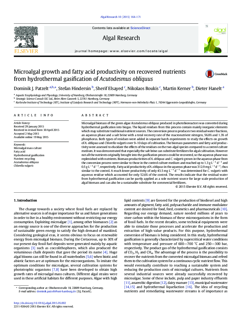 Microalgal growth and fatty acid productivity on recovered nutrients from hydrothermal gasification of Acutodesmus obliquus