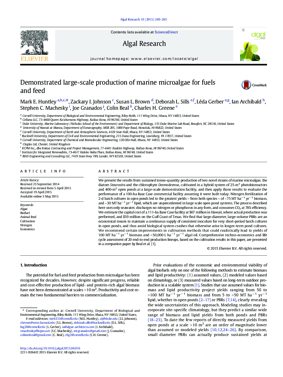 Demonstrated large-scale production of marine microalgae for fuels and feed