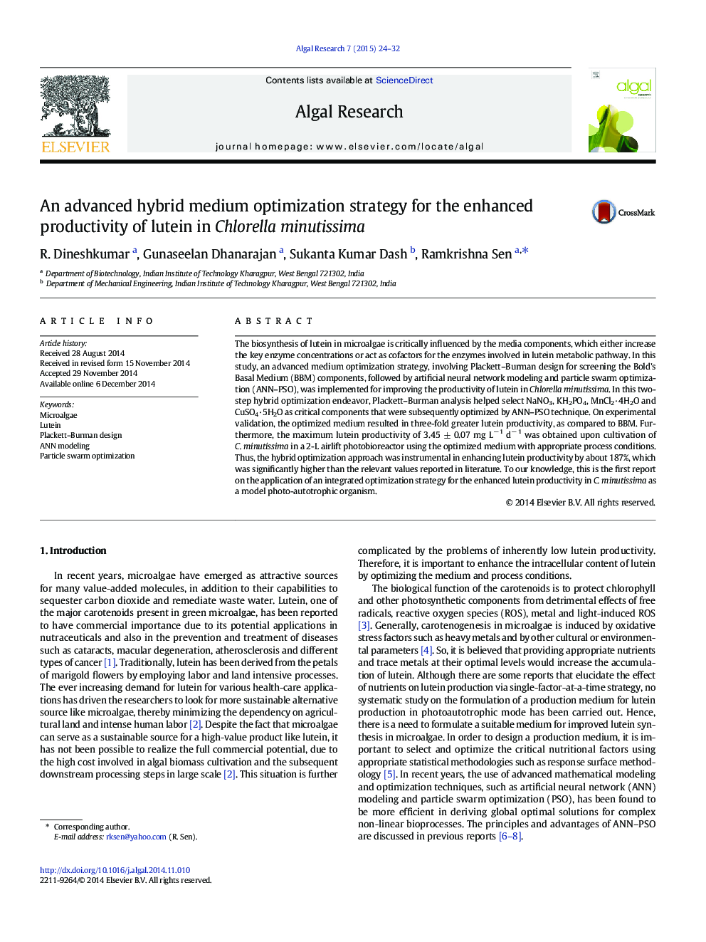 An advanced hybrid medium optimization strategy for the enhanced productivity of lutein in Chlorella minutissima