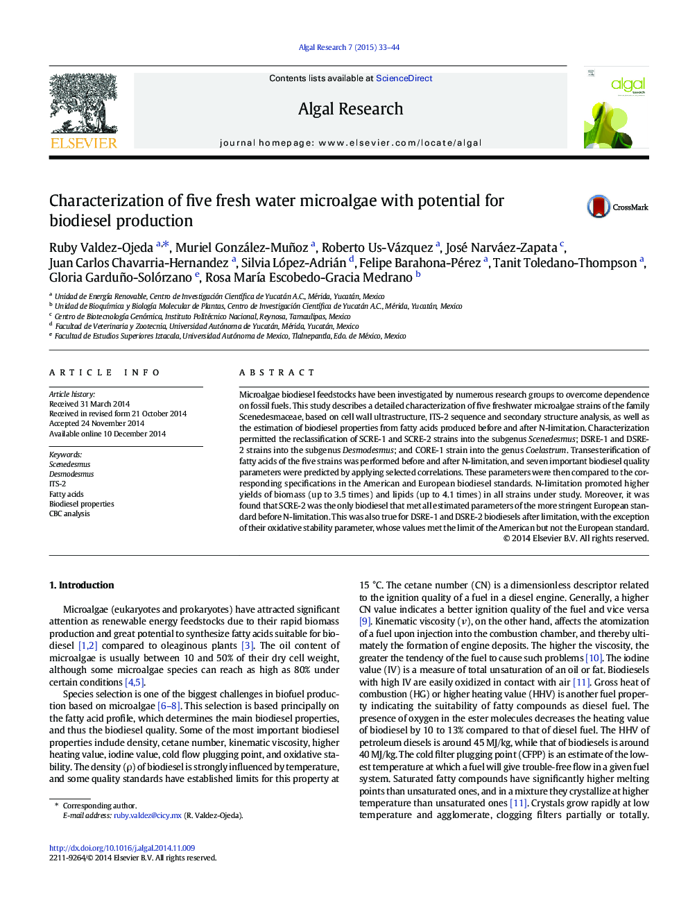 Characterization of five fresh water microalgae with potential for biodiesel production