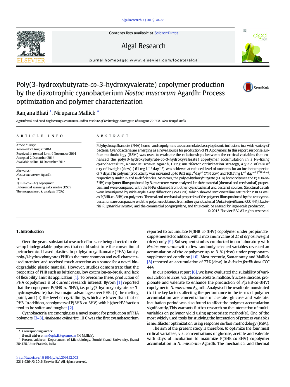 Poly(3-hydroxybutyrate-co-3-hydroxyvalerate) copolymer production by the diazotrophic cyanobacterium Nostoc muscorum Agardh: Process optimization and polymer characterization