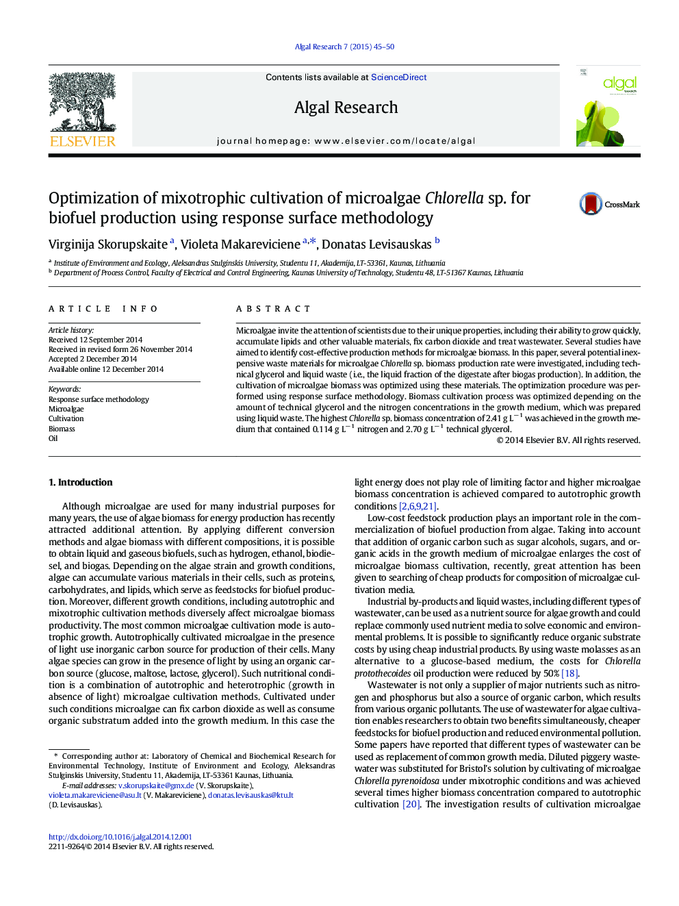 Optimization of mixotrophic cultivation of microalgae Chlorella sp. for biofuel production using response surface methodology