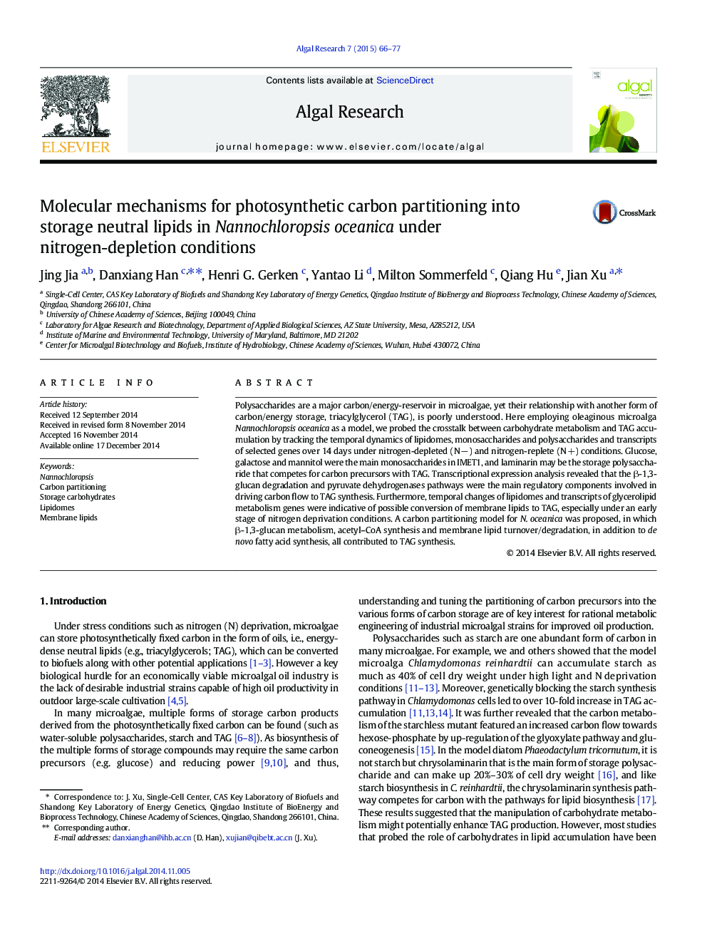 Molecular mechanisms for photosynthetic carbon partitioning into storage neutral lipids in Nannochloropsis oceanica under nitrogen-depletion conditions