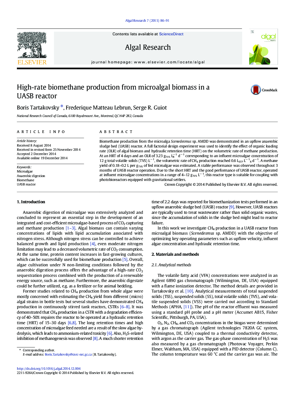 High-rate biomethane production from microalgal biomass in a UASB reactor