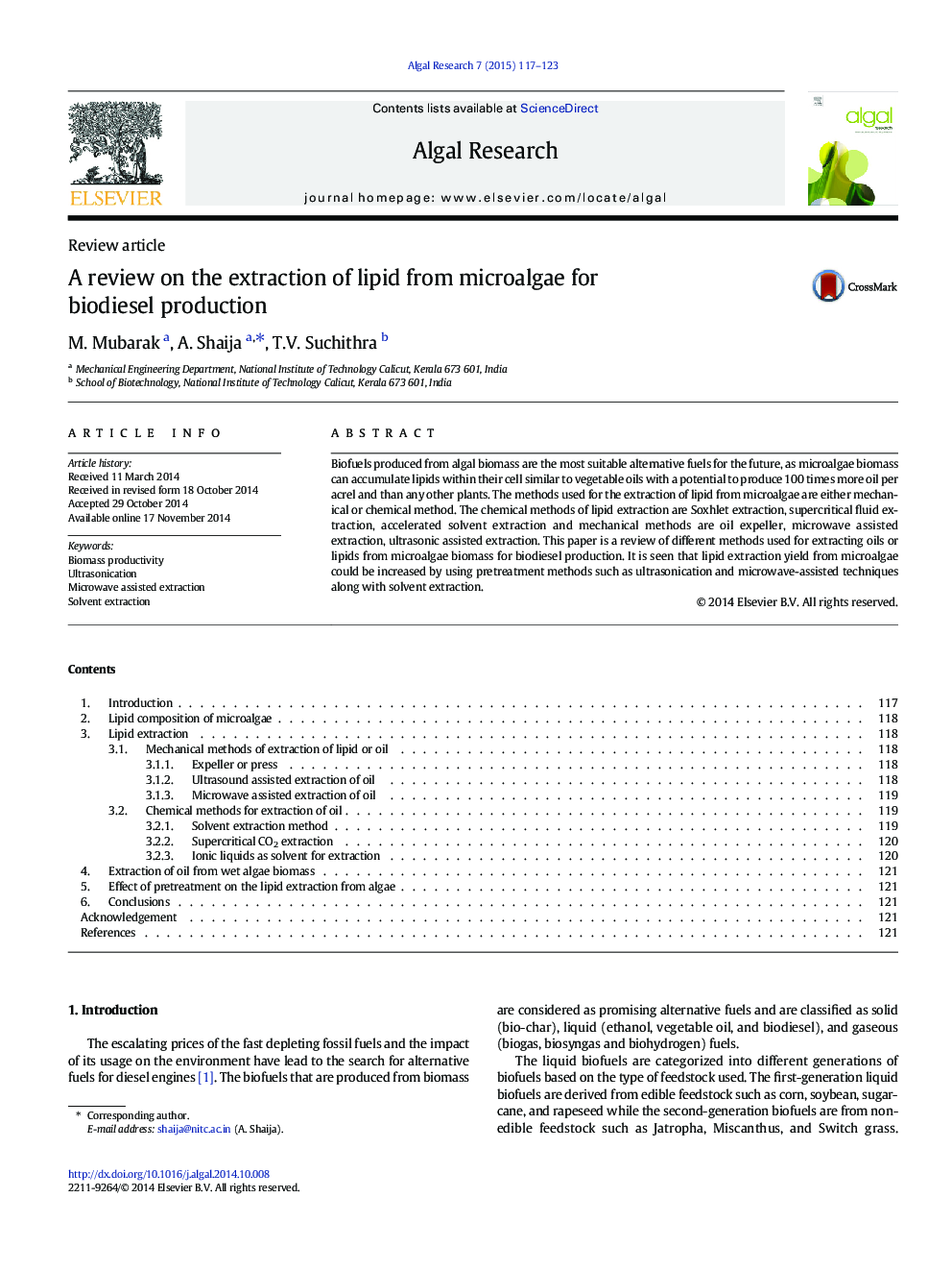 A review on the extraction of lipid from microalgae for biodiesel production