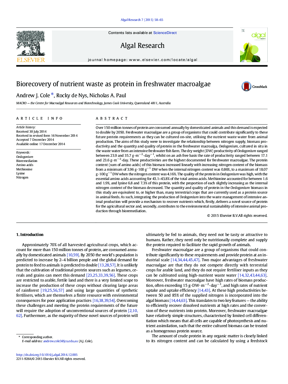 Biorecovery of nutrient waste as protein in freshwater macroalgae