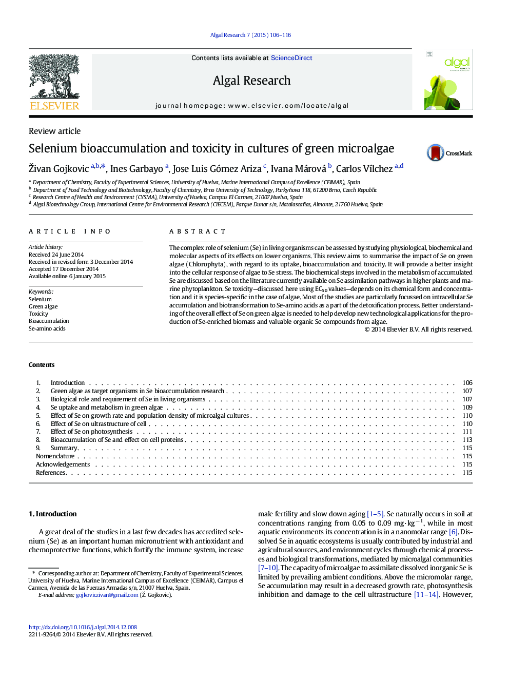 Selenium bioaccumulation and toxicity in cultures of green microalgae