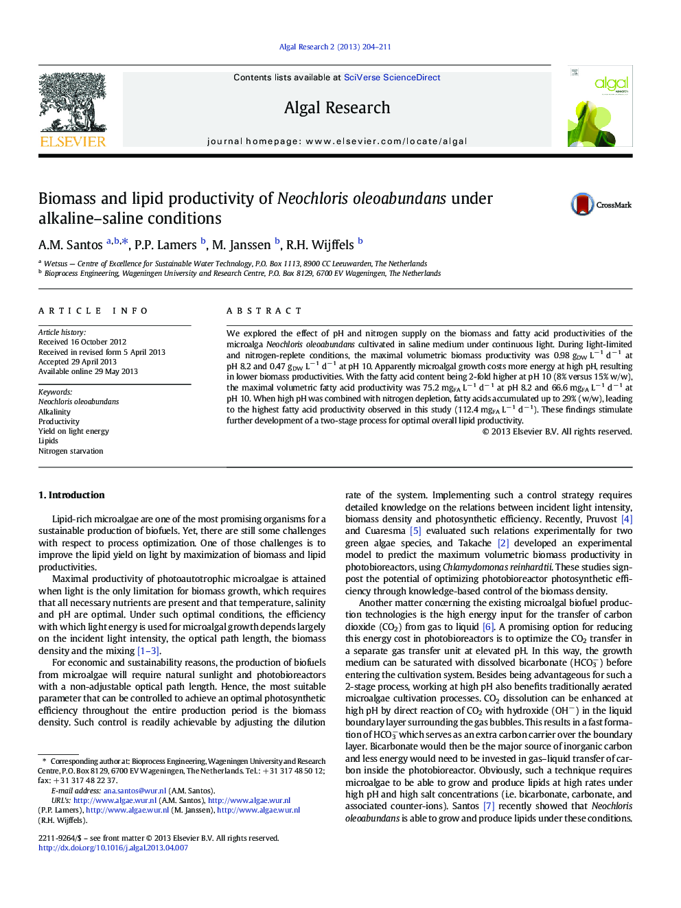 Biomass and lipid productivity of Neochloris oleoabundans under alkaline–saline conditions