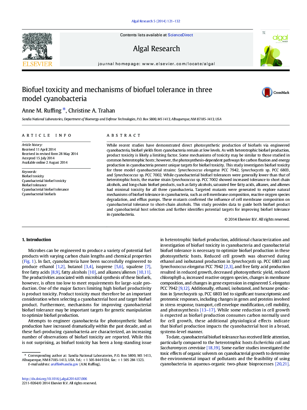 Biofuel toxicity and mechanisms of biofuel tolerance in three model cyanobacteria